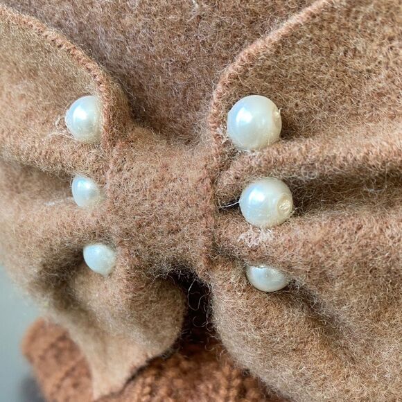 Vintage Tan Wool Beret Bow w/ Pearls Design OS Preppy Retro Girly main image 6